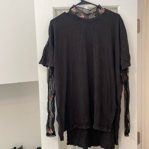 Free People Oversized Tee with Lace Sleeves and Mockneck